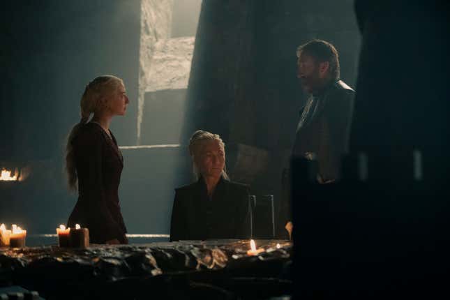 Rhaenys (Eve Best) takes a seat during Rhaenyra's Small Council meeting.