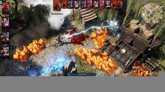 Games like BG3: the Red Prince is casting a lightning bolt spell on an enemy, while the area around him burns in Divinity: Original Sin 2.