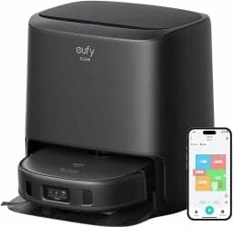 Eufy X9 Pro ρομπότ με ηλεκτρική σκούπα στην αποβάθρα και στο smartphone με χρωματικό χάρτη στην οθόνη