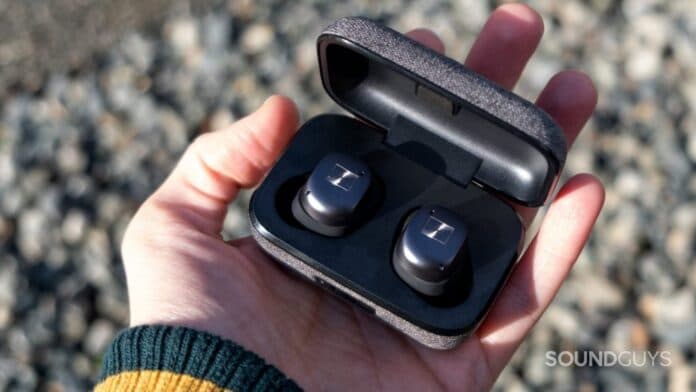 Sennheiser momentum true wireless 3 case in a hand.