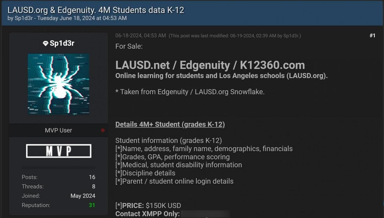 Δεδομένα LAUSD SnowFlake προς πώληση σε φόρουμ hacking