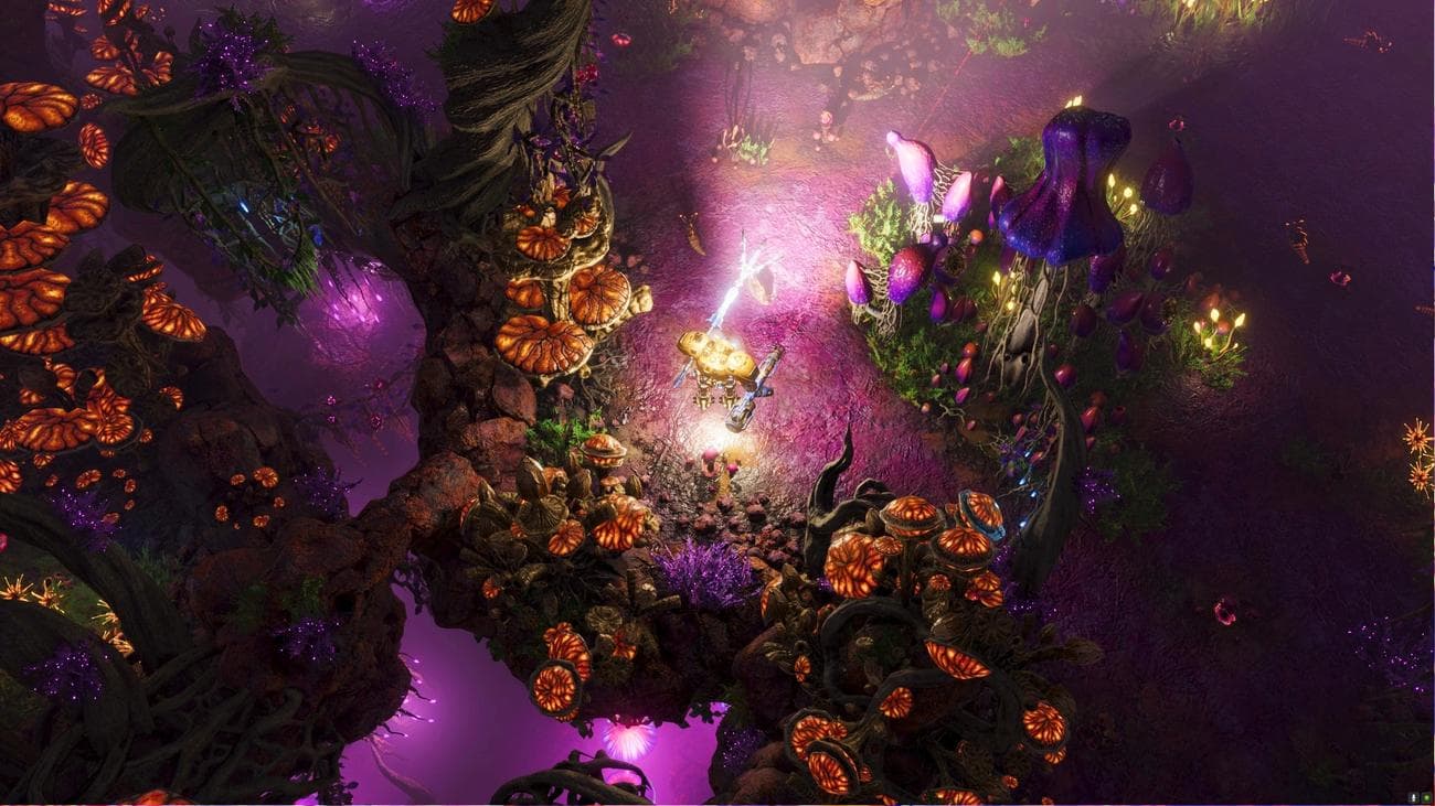The Riftbreaker Heart of the Swamp DLC - Ένας μηχανικός εξερευνά μια βιομάζα με μοβ απόχρωση καλυμμένη με μανιτάρια.