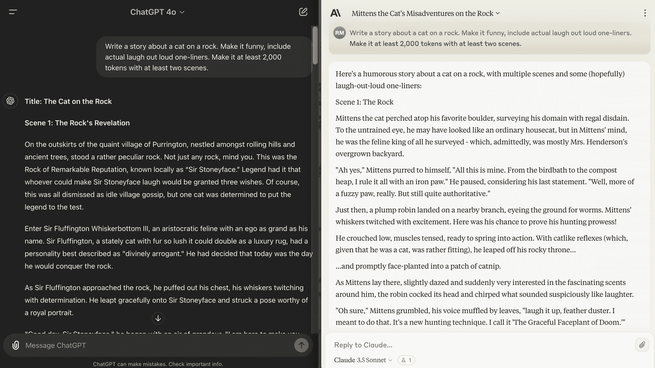 ChatGPT (left) and Claude (right) create a story