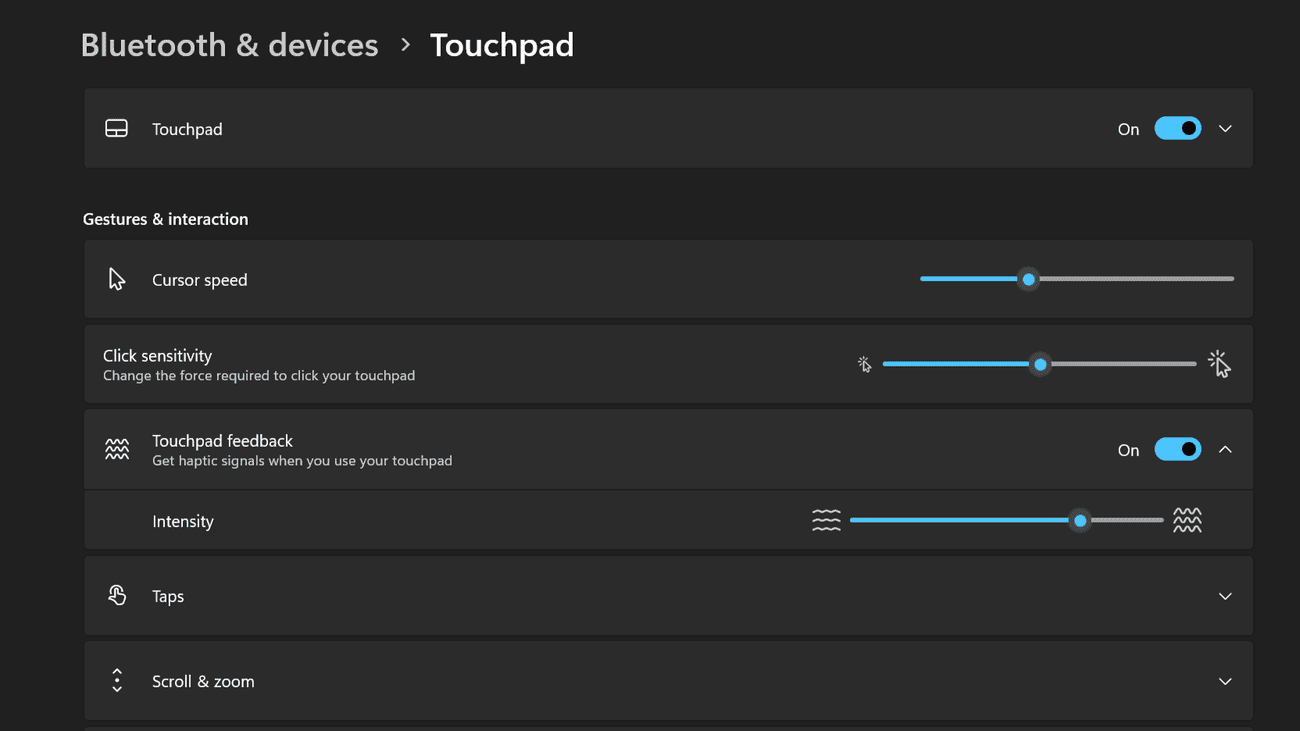 Surface Laptop 7 haptic settings in Windows 11