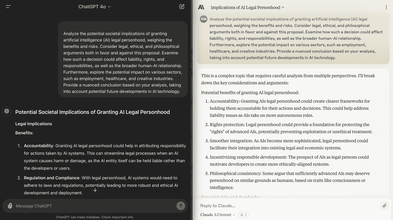 ChatGPT (left) and Claude (right) argue AI personhood