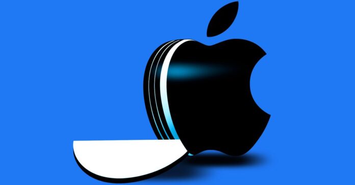 Illustration of the Apple logo with a slice falling out of it, implying breaking up a monopoly.