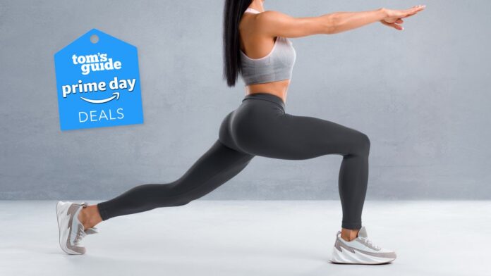 a woman in workout wear bending into a lunge with a Tom