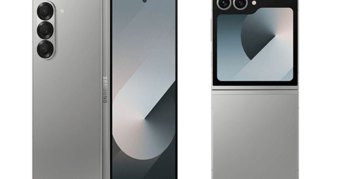 Leaked renders of the Samsung Galaxy Z Fold 6 and Flip 6 against a white backdrop.