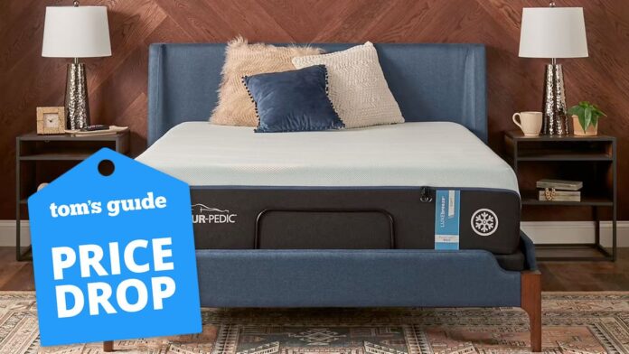 Tempur-Pedic Tempur-Breeze mattress on a bed frame in a room with wooden walls