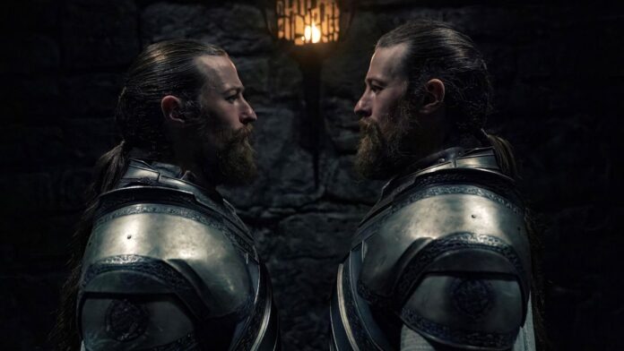 Arryk and Erryk Cargyll stand close face to face in a hallway in House of the Dragon season 2 episode 2
