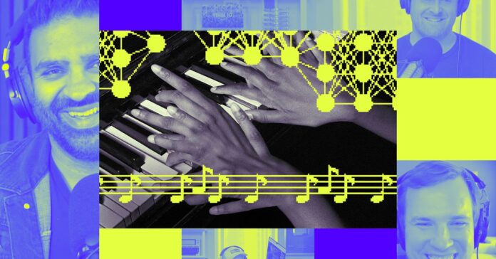 An illustration of AI music, over top a Vergecast illustration.