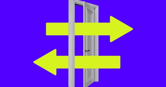 Photo collage of two arrows going in and out of an open doorway.