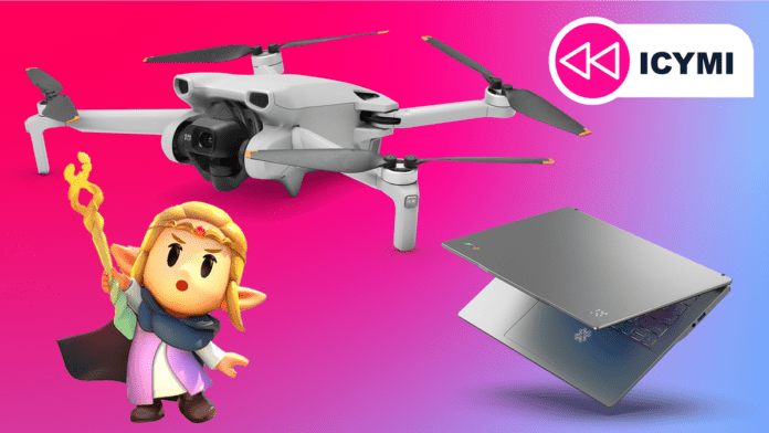A DJI Drone, Zelda wielding a scepter, and a Windows laptop next to each other