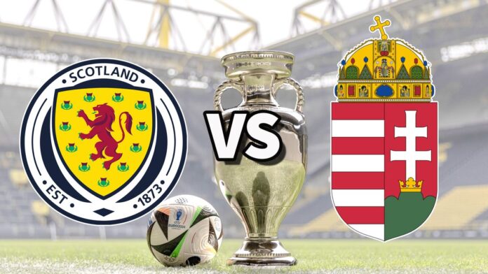 The Scotland and Hungary club badges on top of a photo of the Euro 2024 trophy and match ball