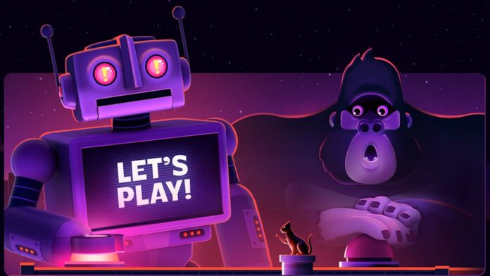 An illustrated robot stands next to a gorilla with the words let