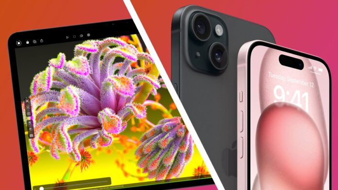 An Apple iPad Pro 2024 next to an iPhone 15