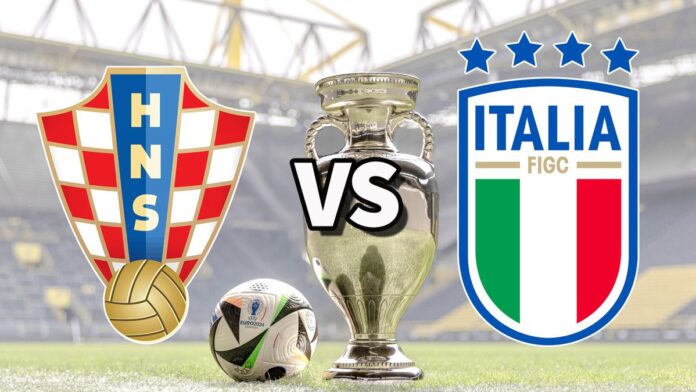 The Croatia and Italy club badges on top of a photo of the Euro 2024 trophy and match ball