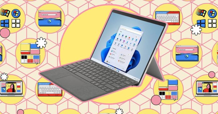 Windows laptop against yellow background with small illustrations