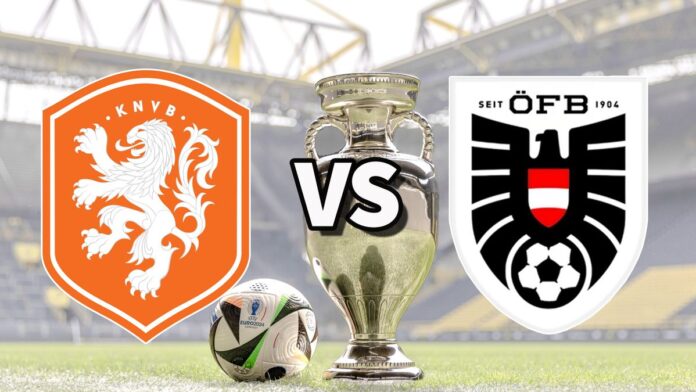 The Netherlands and Austria club badges on top of a photo of the Euro 2024 trophy and match ball