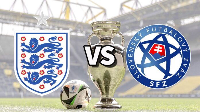 The England and Slovakia club badges on top of a photo of the Euro 2024 trophy and match ball