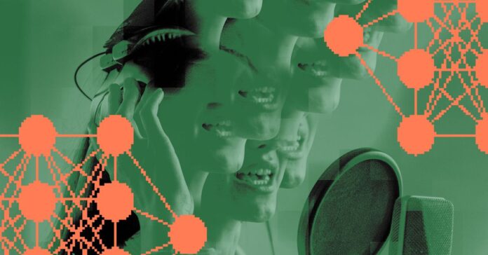 Photo collage featuring a singer with many different mouths with graphic data nodes.