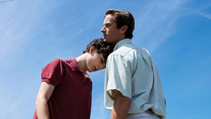 Timothée Chalamet leans his head on Armie Hammer