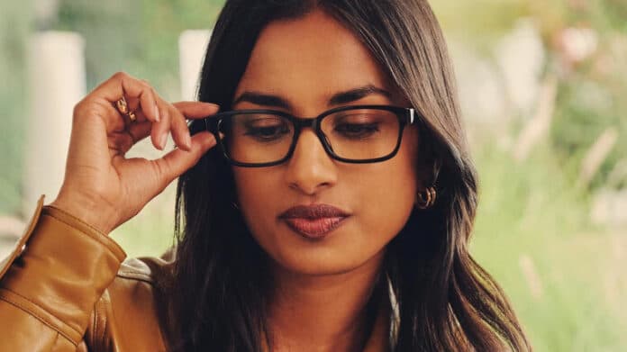 A woman wearing the Amazon Echo Frames