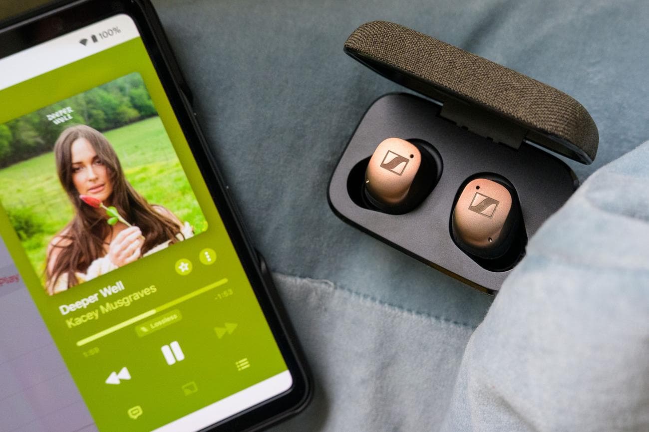 A photo of Sennheiser's Momentum True Wireless 4 earbuds in copper.