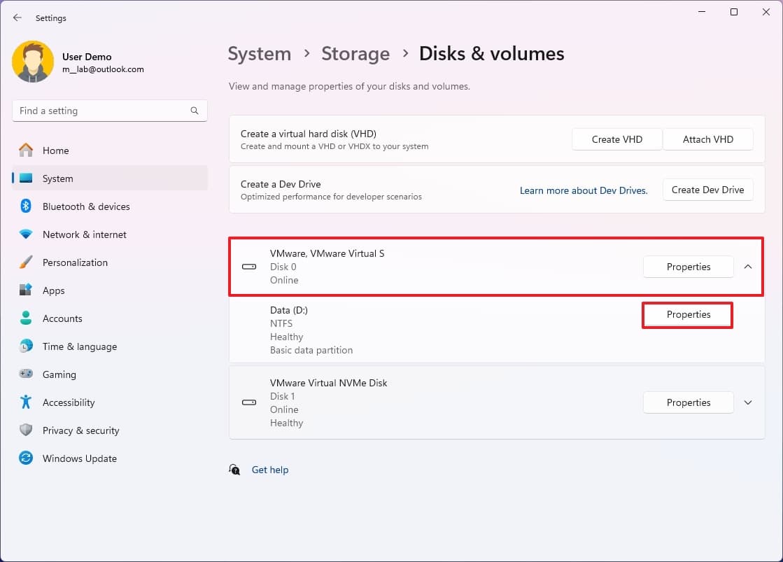 Open partition properties