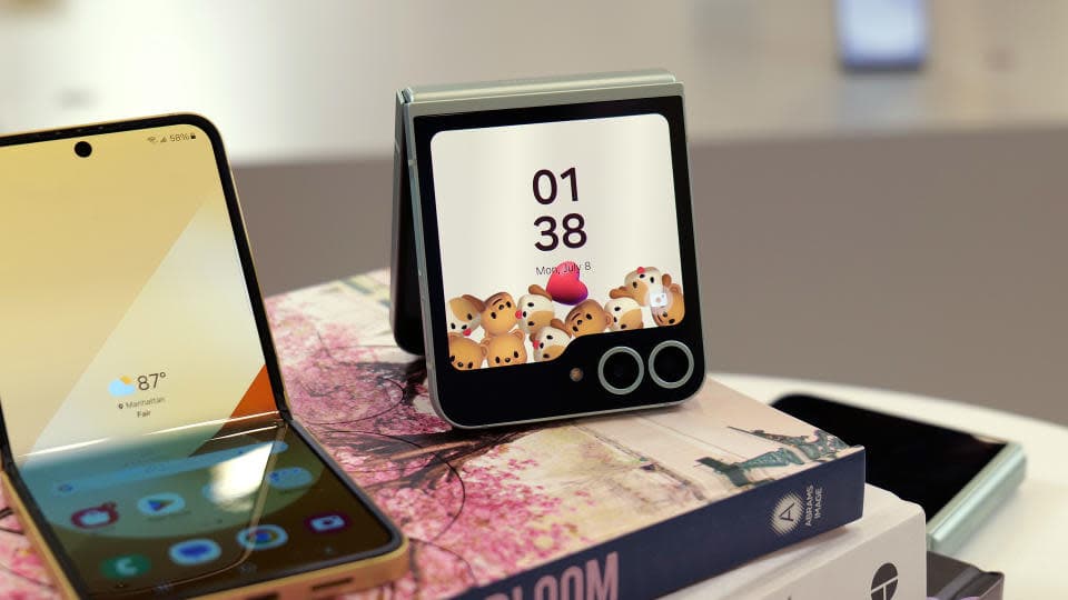 Δύο τηλέφωνα Samsung Z Flip 6 σε μια στοίβα βιβλίων.