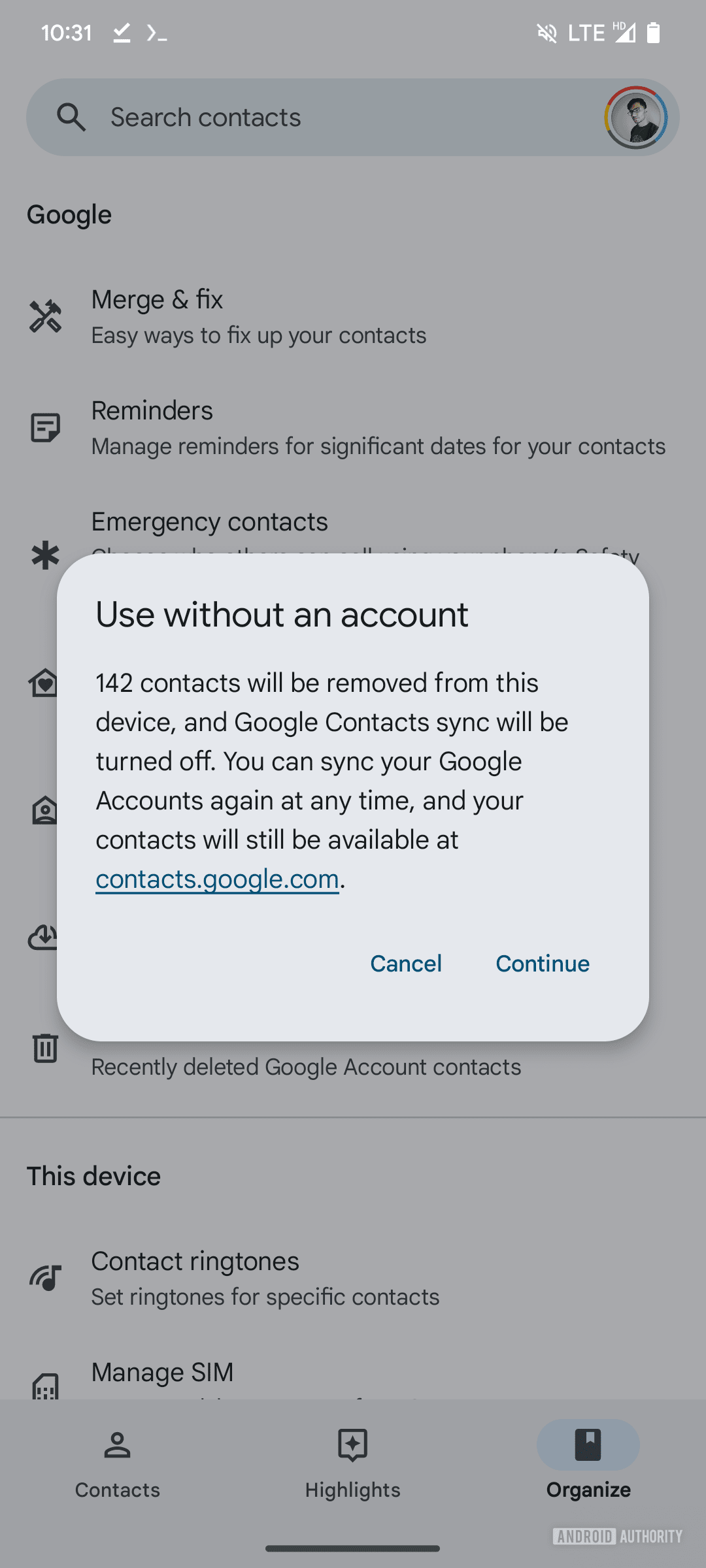 Στιγμιότυπο οθόνης της εφαρμογής Επαφές Google που εμφανίζει το αναδυόμενο παράθυρο Χρήση χωρίς επιλογή.
