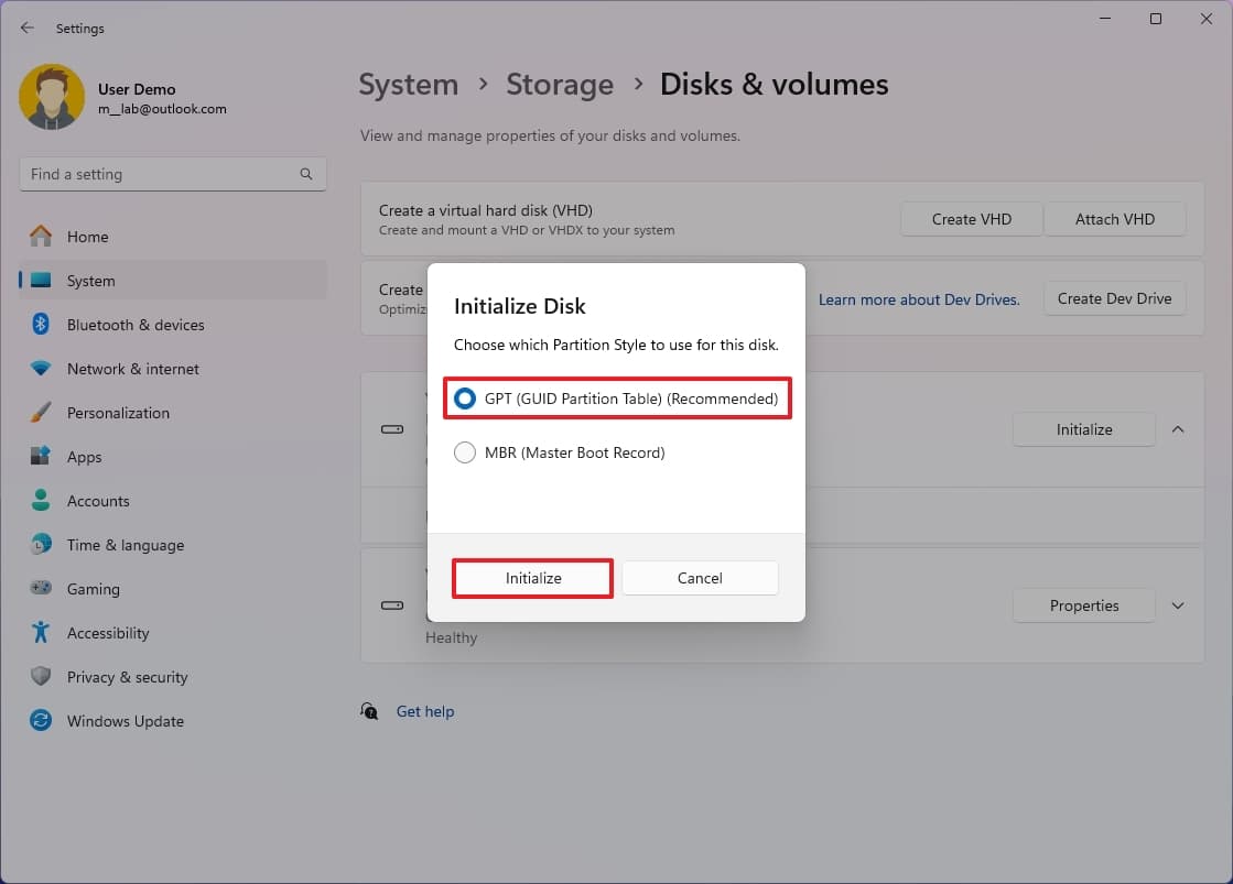 Initialize drive from Settings