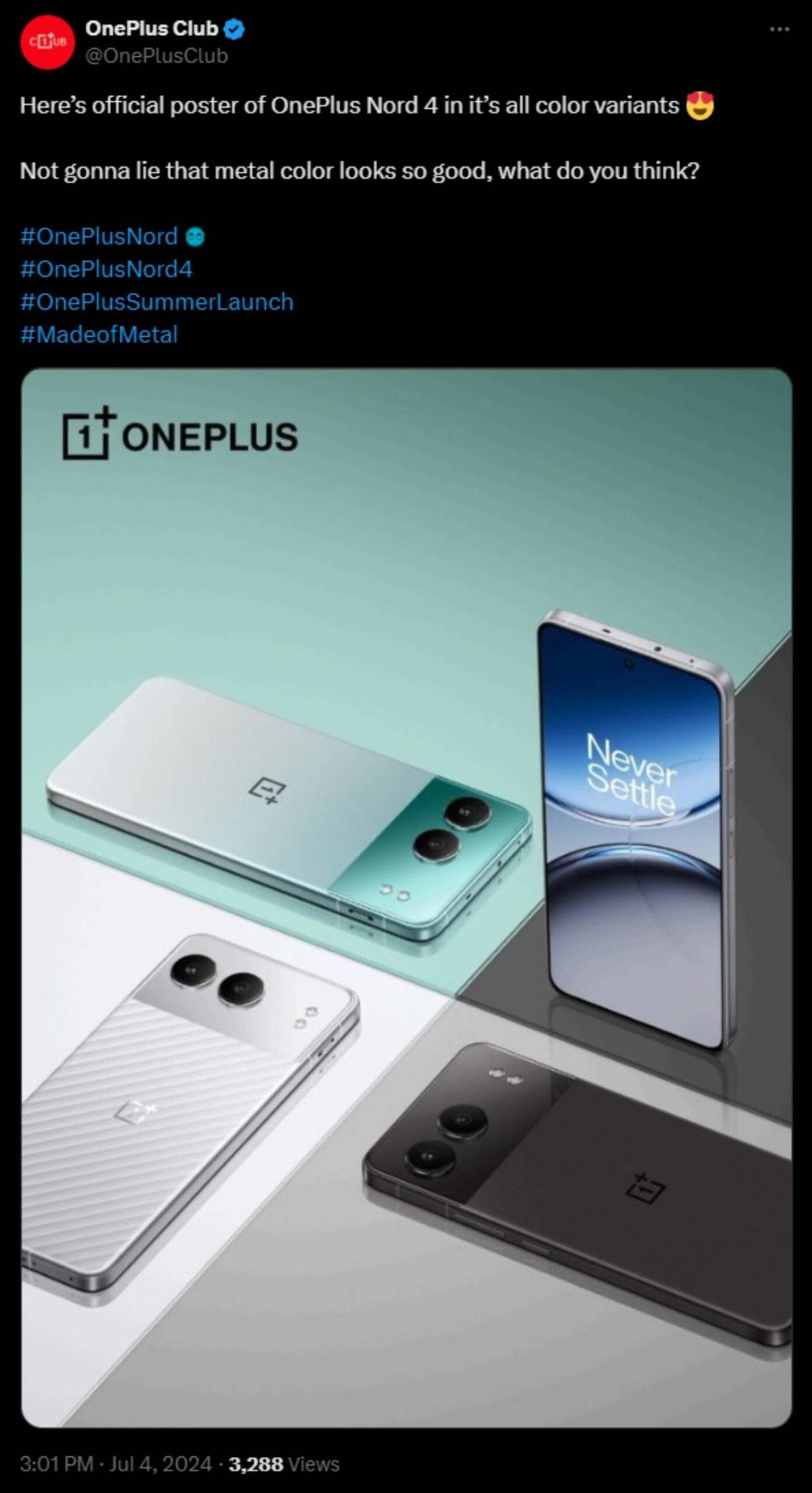 Στιγμιότυπο οθόνης της ανάρτησης X του OnePlus Club που παρουσιάζει το OnePlus Nord 4.