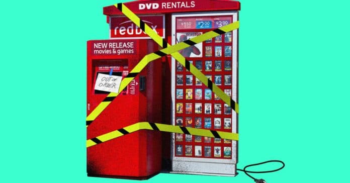 Photo collage of a dilapidated Redbox kiosk.