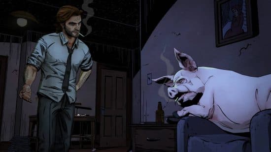 Best detective games: a detective questioning a pig in The Wolf Among Us. Both are smoking.
