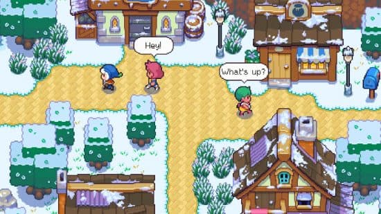 Δύο NPC προσφέρουν χαιρετισμούς καθώς ο παίκτης εξερευνά στο νησί Moonstone.