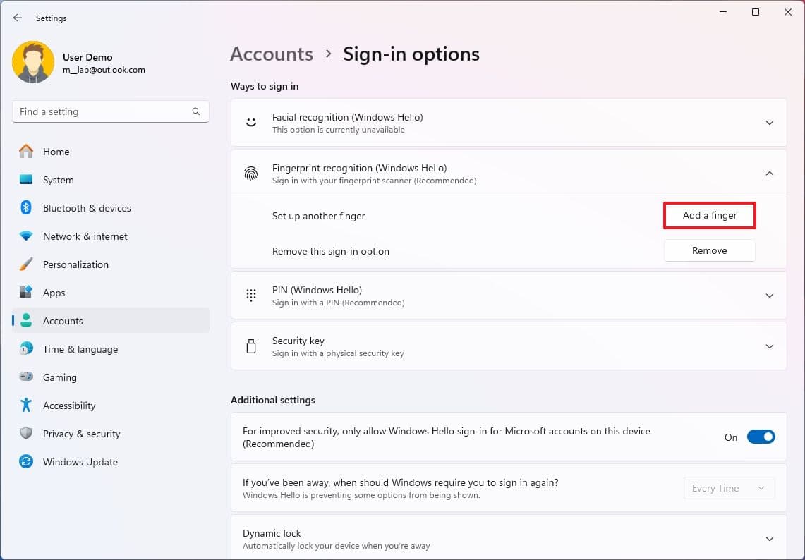 Το Windows Hello προσθέστε ένα δάχτυλο
