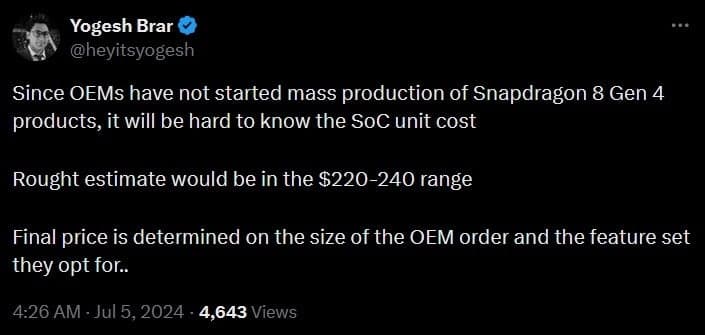 Ο Leaker Brar εκτιμά ένα εύρος τιμών 220-240 $ για το Snapdragon 8 Gen 4|Image credit-@heyitsyogesh - Οι παραγγελίες Snapdragon 8 Gen 4 δεν έχουν ακόμη εμφανιστεί, εγείροντας ερωτήματα σχετικά με την τιμολόγηση