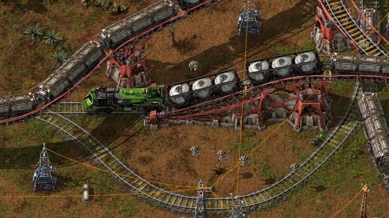 Factorio Space Age DLC - Νέες υπερυψωμένες σιδηροδρομικές γραμμές που ταξιδεύουν σε χαμηλότερες υποδομές.