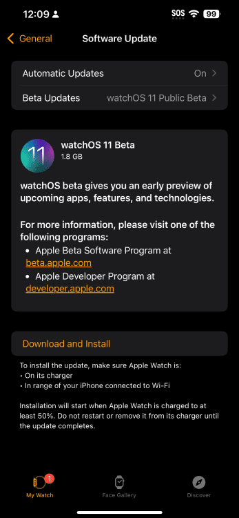 δημόσια σελίδα εγκατάστασης beta του watchOS 11
