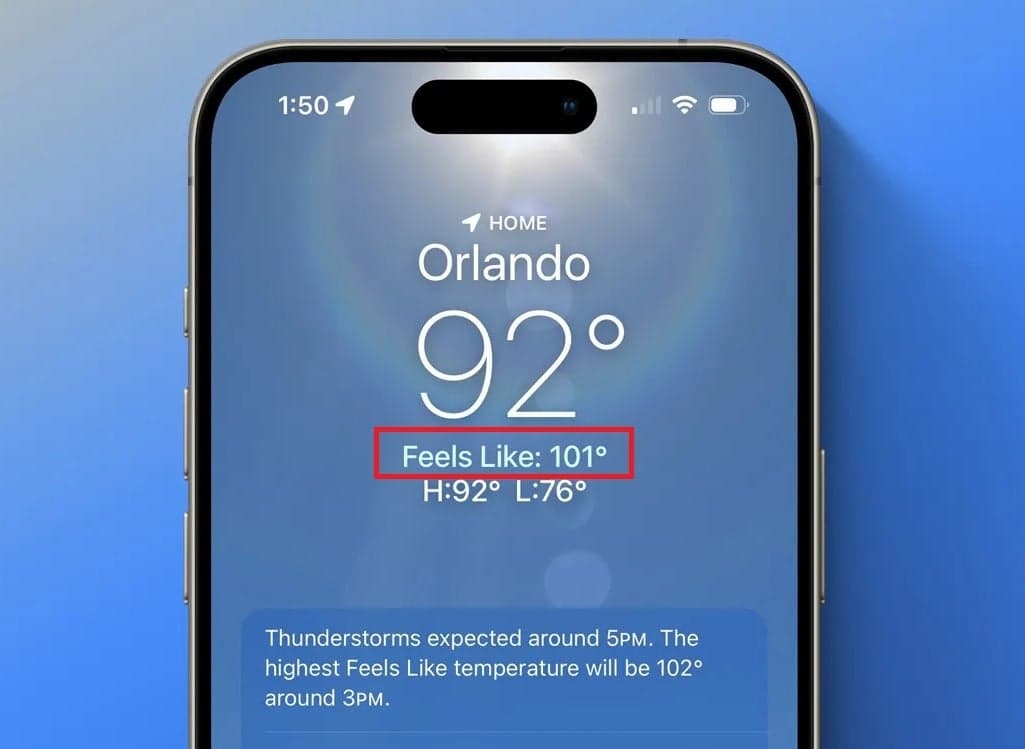 Στο iOS 18, η εφαρμογή Καιρός του iPhone θα εμφανίσει το "Αισθάνεται σαν" θερμοκρασία σε μια νέα τοποθεσία|Image credit-9to5Mac - Λεπτομέρειες διαρροής σχετικά με νέες χρήσιμες αλλαγές στην εφαρμογή Apple Weather για iPhone, iPad και Mac