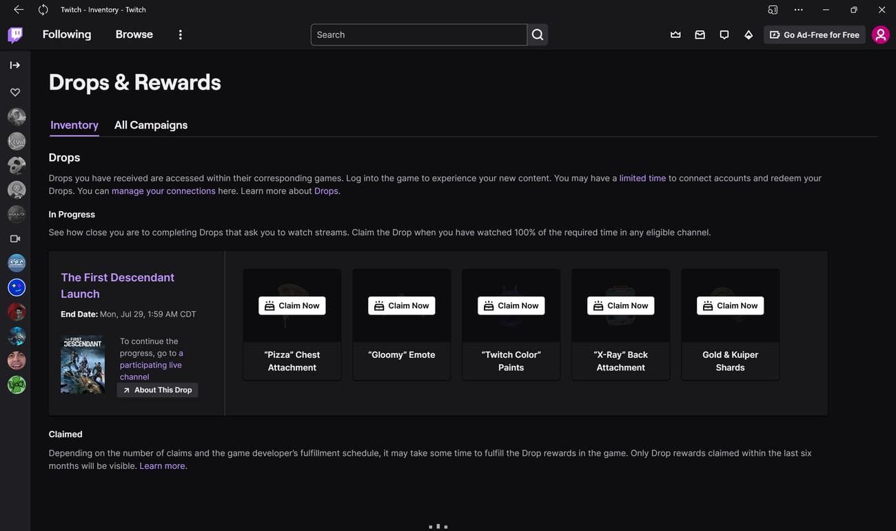 Στιγμιότυπο οθόνης του The First Descendant Twitch Drops.