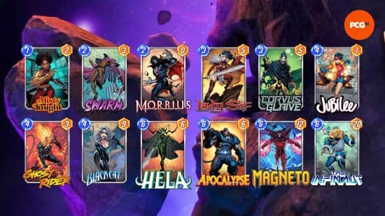 Twelve cards that make up Discard Hela, one of the best Marvel Snap decks.