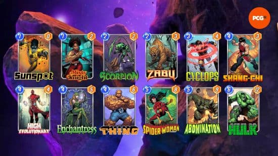 Twelve cards that make up one of the best Marvel Snap decks, including High Evolutionary.
