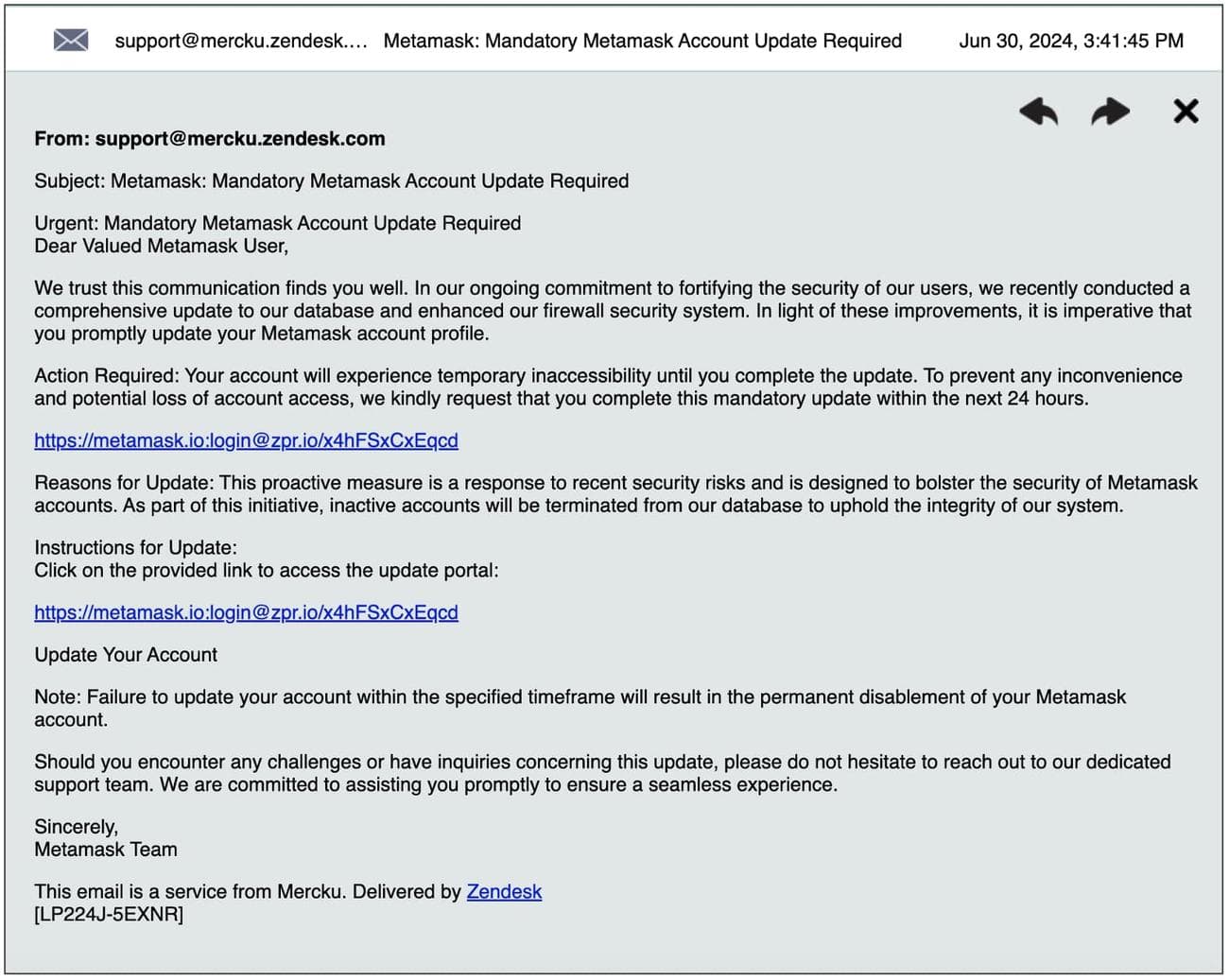 Η πύλη υποστήριξης Mercku ανταποκρίνεται με email ηλεκτρονικού ψαρέματος MetaMask