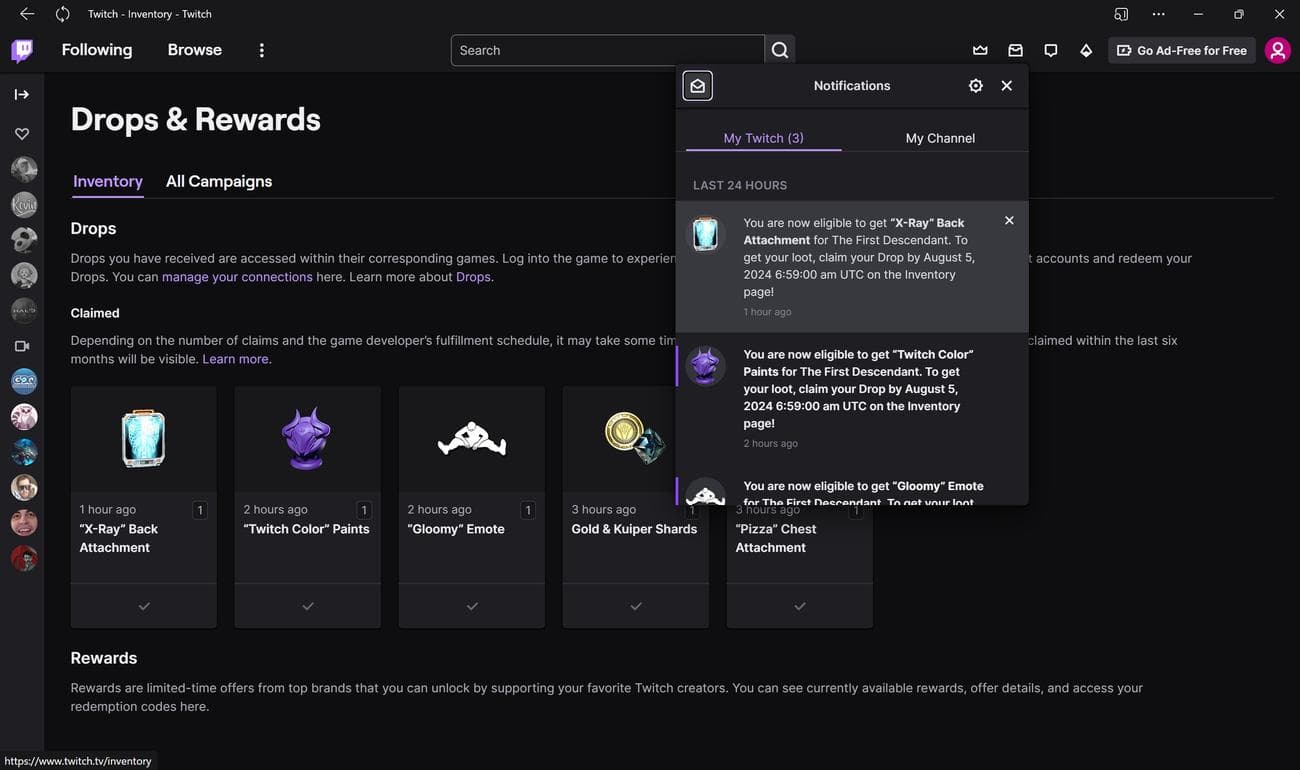 Στιγμιότυπο οθόνης του The First Descendant Twitch Drops.