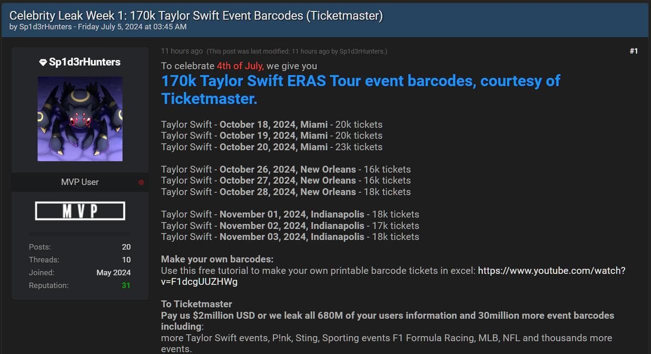 Δεδομένα εισιτηρίων της Taylor Swift διέρρευσαν σε φόρουμ hacking