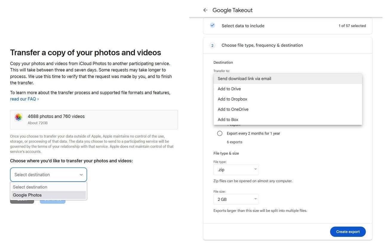 iCloud Photos to Google Photos (αριστερά) |  Εξαγωγή Google Takeout (δεξιά) - Το εκπληκτικό αναδιπλούμενο OnePlus Open τελικά με απέσπασε από το iPhone μου και μου αρέσει