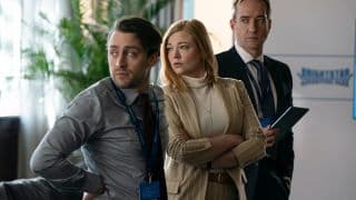 Roman, Shiv and Tom in a boardroom in Succession season 3