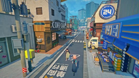 Προεπισκόπηση Zenless Zone Zero: Μια εναέρια θέα της οδού Sixth Street, του σπιτιού των Belle and Wise που περιλαμβάνει το Coff Cafe και το 24ωρο παντοπωλείο.